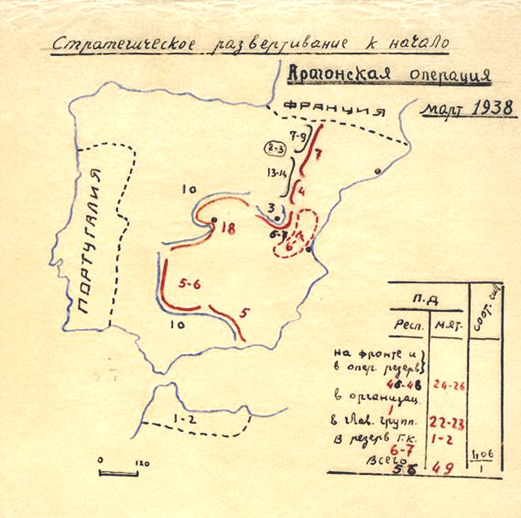 Mapa  realizado por los asesores soviéticos  sobre  la línea del frente  en 1938.
